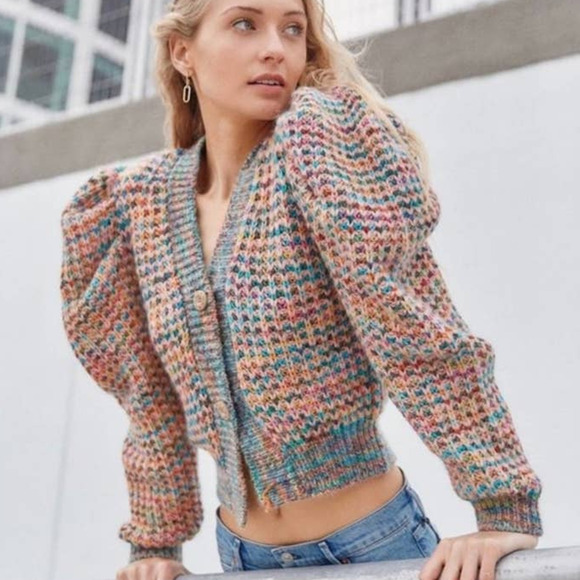 ULLA JOHNSON Fiora Puff Sleeve Cardigan Tropical Marl Knit Sweater XS/S Preowned - Picture 1 of 13